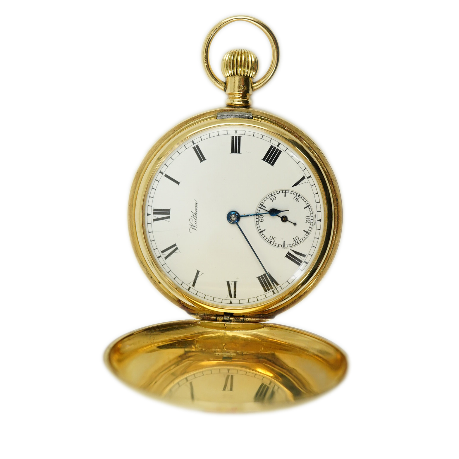 An Edwardian engine turned 18ct gold Waltham hunter keyless pocket watch